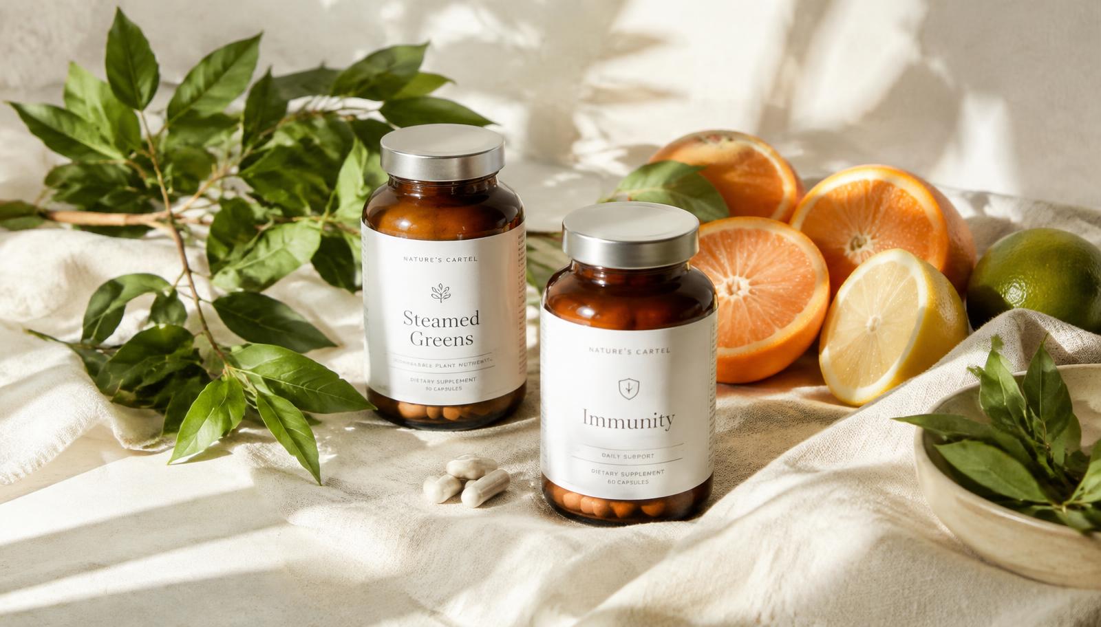 Natural supplements with fresh greens and citrus